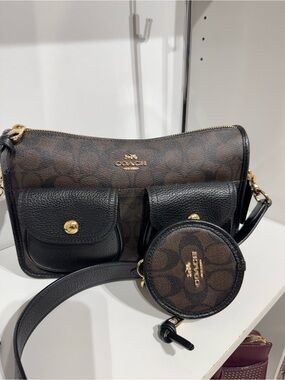 Coach Brown and Black Signature Canvas Crossbody Bag with Pouch